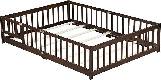 Full Montessori Floor Bed with Roof & Slats for Girls & Boys,Twin Size Floor Bed w/Safety Guardrails for Girls,Boys/Espresso