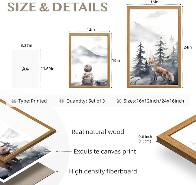 kilamino Neutral Woodland Wild Animal Wall Art, Cute Bear Fox Nursery Wall Decor, Adventure Boy Poster Prints, Vintage Forest Animal Canvas Paintings for Baby Room Playroom Wood Framed 12"x16"x3