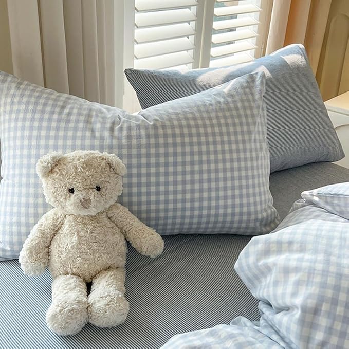 Nayoroom Blue Gingham Comforter Set Queen Size Plaid Checkered Comforter 3 Pcs Soft Lightweight Grid Farmhouse Dorm Bedding Set for All Seasons (1 Comforter, 2 Pillowcases)