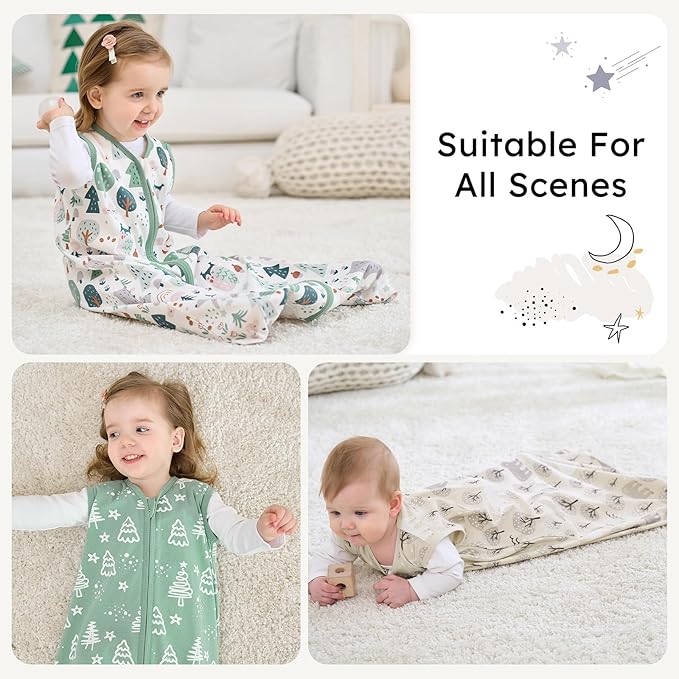 Baby Sleep Sack 0-6 months, 100% Cotton Sleeping Sack for Newborn and Infant, 3 Pack Baby Wearable Blanket for Boy and Girl, 0.5 Tog Lightweight Double Zipper Sleep Bag Green Apricot Bear