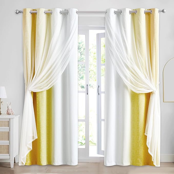 100% Blackout Curtains with Sheer Overlay Mix and Match Double Layer Drapes 84 Inch Long 2 Panels for Bedroom Living Room Yellow White Ombre Grommet Window Treatment with Tiebacks