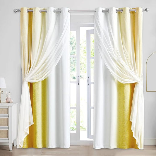 100% Blackout Curtains with Sheer Overlay Mix and Match Double Layer Drapes 84 Inch Long 2 Panels for Bedroom Living Room Yellow White Ombre Grommet Window Treatment with Tiebacks