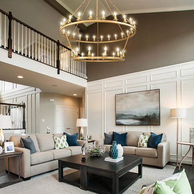 Wagon Wheel Chandelier, 2-Tier 36-Light Gold Large Modern Farmhouse Chandelier with Adjustable Height Island Light Fixture for High Ceiling Dining Room, Kitchen, Living Room, Entryways, Foyer