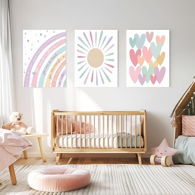 LLEEMPI Framed Pink Heart Sun Rainbow Wall Art Set of 3, Baby Room Wall Decor, Boho Rainbow Nursery Canvas Painting, Classic Minimalist Poster Prints for Bedroom Bathroom Classroom 12x16 Inch