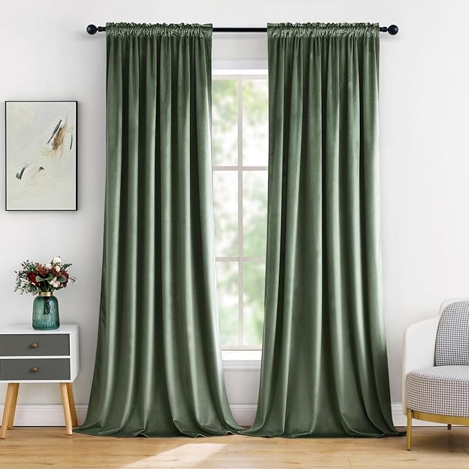 MIULEE Velvet Curtains Sage Green Thermal Insulated Blackout Curtain Drapes for Bedroom Living Room Darkening 90 Inches Long Curtains Panels Rod Pocket Set of 2
