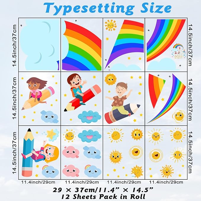 Rainbow Wall Decals Cloudy Sun Wall Stickers for Classroom, Watercolor Rainbow Cloudy Wall Decals Flying Girls Boys Wall Stickers Inspirational Art Murals for Nursery Playroom Kids Room
