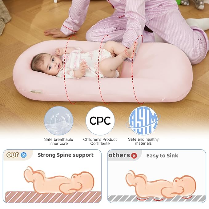 Lucakuins Baby Lounger, Bionic Design Baby Lounger for Newborn 0-24 Months, Soft Organic Cotton Breathable Lounger for Infants (Lovely Pink Lounger)