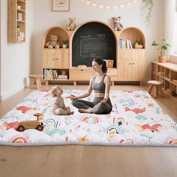 Baby Play Mat for Floor,71x59 Inch Soft Padding Crawling Mat for Playpen, Foldable and Machine Washable, Thick for Babies & Toddlers,Rainbow Fox
