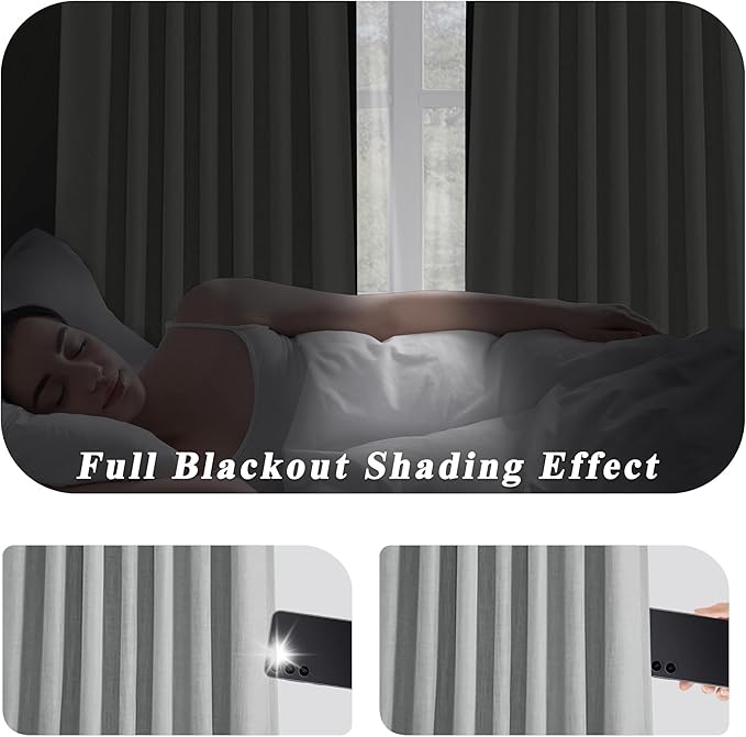 Gray Pinch Pleated Full Blackout Curtains Linen Texture Thermal Insulated Window Treatment Panel 84 Inch for Living Room Bedroom Noise Reducing Back Tab Drapes with Hooks, 1 Panel, 60"Wx84"L
