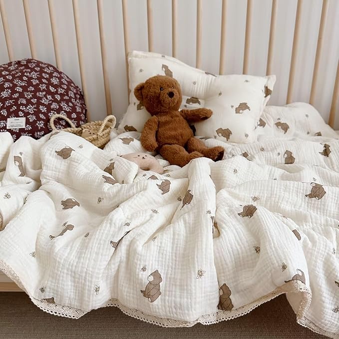 BuLuTu 100% Muslin Toddler Quilt Thin Crib Comforter Girls Boys Quilted Blankets, 60"x78", 2.5 Pounds, Soft Breathable Muslin Cotton Quilts, Bee Bear Pattern, Machine Washable