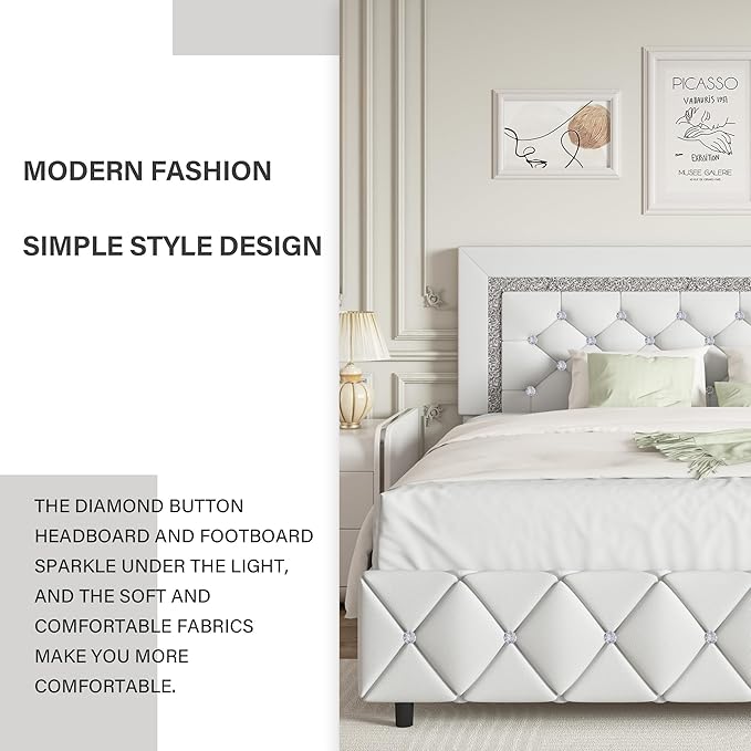 BarnFurin Full Size Bed Frame, Upholstered Platform Bed with Button Tufted Headboard, Princess Platform Bed with Diamond Design, Wooden Slats Support, No Box Spring Required, Easy Assembly, White