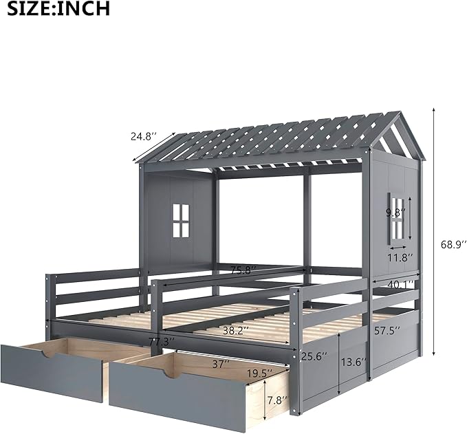 P PURLOVE Twin Double Shared Bed,Twin Size House Platform Beds with Two Drawers for Boy and Girl Shared Beds, Montessori House Bed Frame Combination of 2 Side by Side Twin Size Beds,Gray