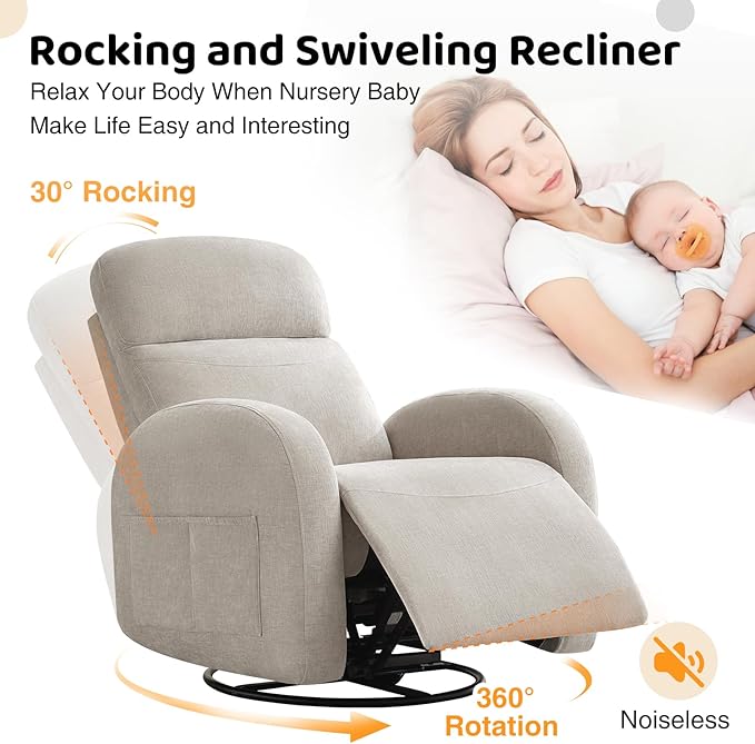 Nursery Swivel Rocker Recliner, Manual Nursering Glider Recliner, Chenille Swivel Rocking Nursery Recliners with Double Pockets for Living Room, Camel