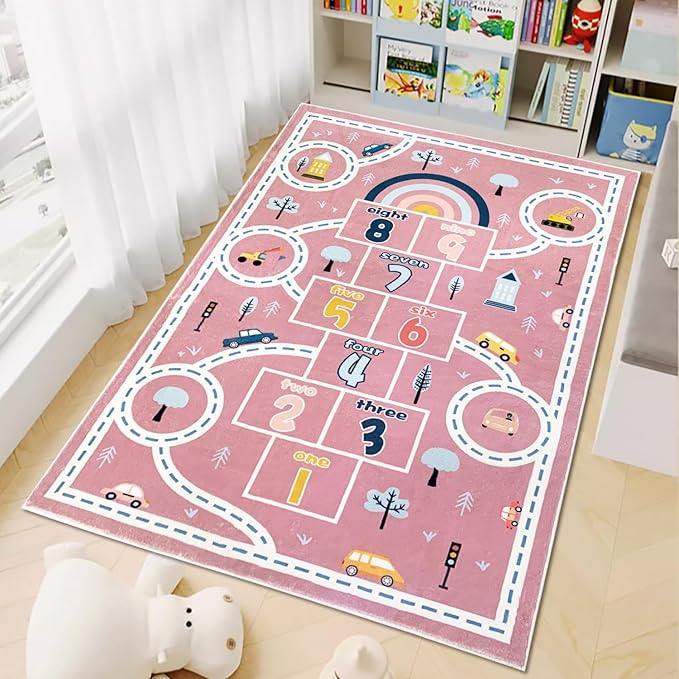 Kids Rug Carpet Hopscotch Play Mat 3x5Ft Pink Car Road Area Rug for Kids Girls Boys Bedroom Playroom Nursery, Nonslip Numbers Educational Children Throw Rug, Indoor Decor, Pink