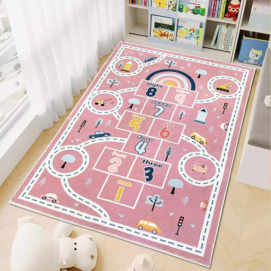 Kids Rug Carpet Hopscotch Play Mat 3x5Ft Pink Car Road Area Rug for Kids Girls Boys Bedroom Playroom Nursery, Nonslip Numbers Educational Children Throw Rug, Indoor Decor, Pink