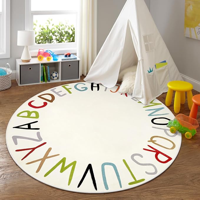 LIVEBOX ABC Play Room Round Kids Rug,Large Colorful Rug for Nursery, Rainbow Area Rug for Classroom, Circle Washable Rugs Educational Alphabet Carpet for Playroom Dorm Bedroom(71",Multi Color)