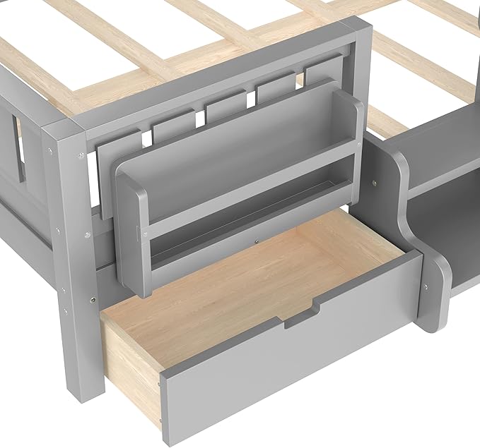Bellemave Full Size Kids Bed with high Rails and with Built-in Bookshelf and Drawers for Kids, Girls, Boys, Wood Montessori Bed Without Door, Gray