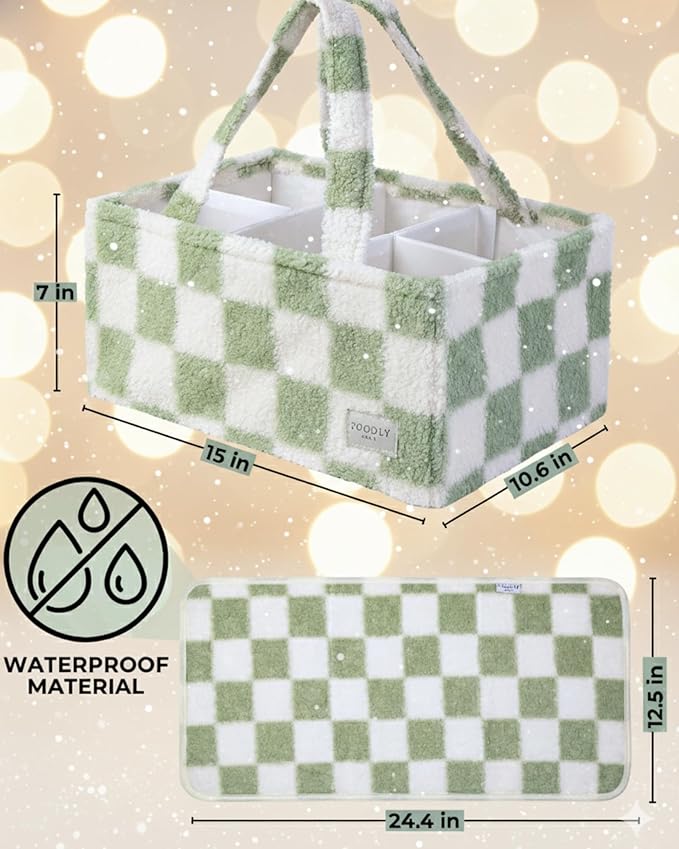 Checkered Diaper Caddy Organizer with Portable Changing Mat - Teddy Fleece Diaper Organizer for Changing Table - Caddy Organizer with Removable Dividers - Green and White