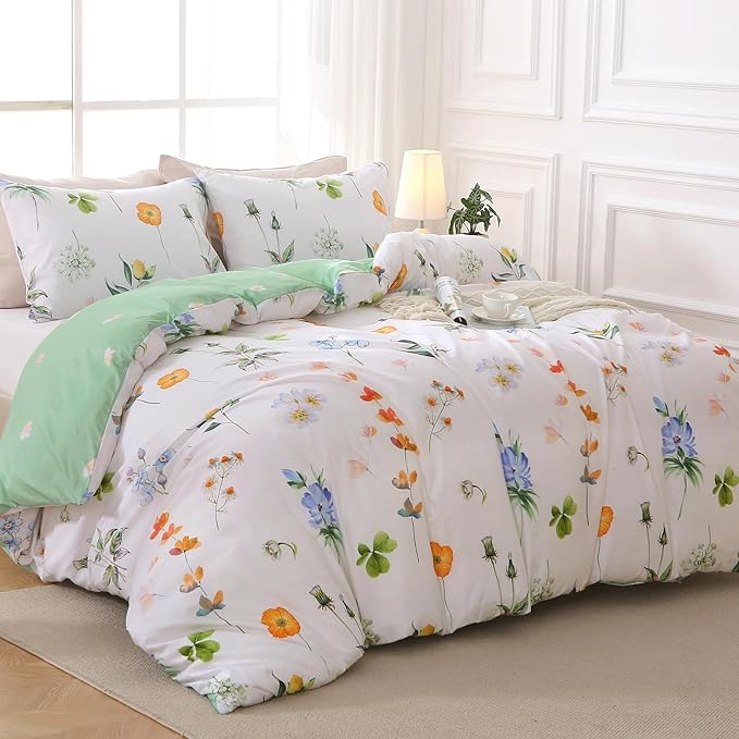 MUXHOMO Duvet Cover Full Size, Reversible Floral Multicolor Duvet Cover Set with Zipper Closure, 3 Pieces Botanical Patterns Soft Microfiber Bedding Set with 4 Ties (80"x90", 2 Pillow Cases)