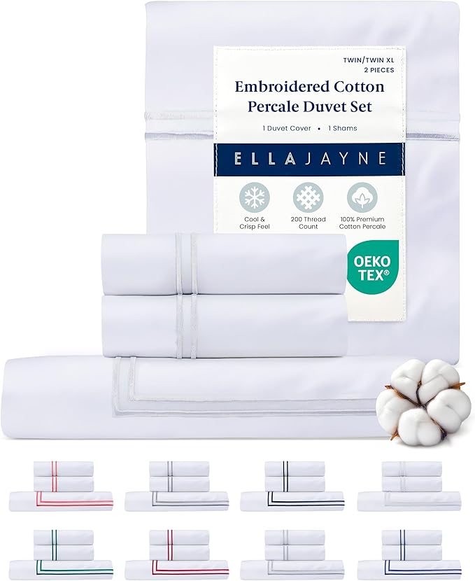 Ella Jayne Twin Duvet Cover (2 Pieces), 100% Cotton Percale, Twin/Twin XL, Soft, Breathable & Lightweight Including Duvet Cover Twin (1 Piece) 68" x 90" Inches with 1 Pillow Shams (White Design)