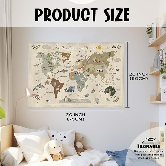 Wheatwin World Map for Kids, World Maps Banner for Playroom Wall 20x30, World Map Cute Wall Hanging Decor Banner Flag for Playroom Nursery Classroom Boys Girls Kids Room Prints
