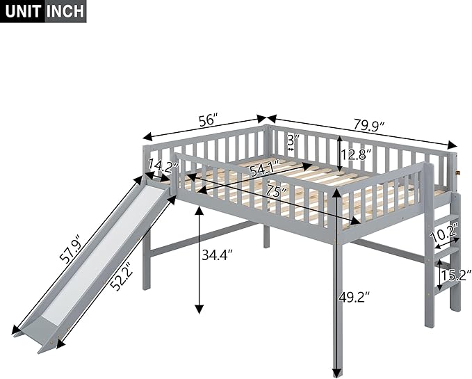 Full Size Low Loft Bed Frame for Boys Girls Kids Adults Toddler for Boys Girls Kids Adults Toddler with Ladder and Slide,Gray