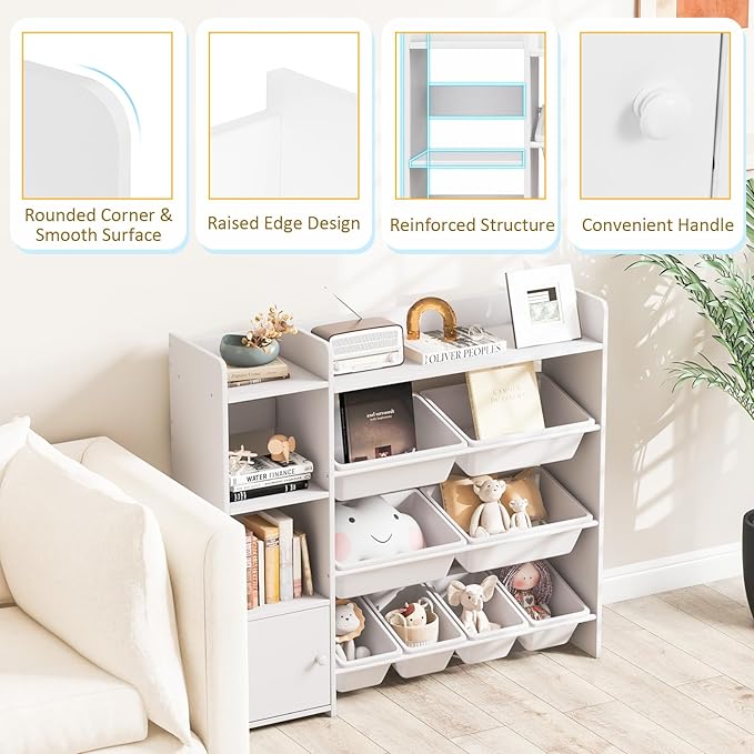 Costzon Kids Toy Storage Organizer, 4-Tier Bookshelf Storage Cabinet w/8 Removable Bins, Preschool Children's Montessori Bookshelf w/Large Cabinet for Playroom, Daycare, Kids Room, Classroom