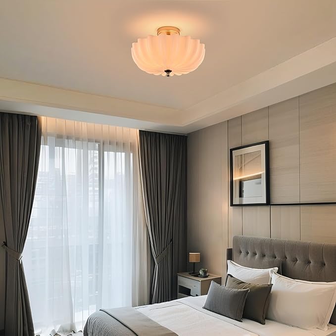 Modern Brushed Brass Gold Semi Flush Mount Light with Milky Flower Shade Ceiling Light Fixture for Living Room Bedroom Entryway