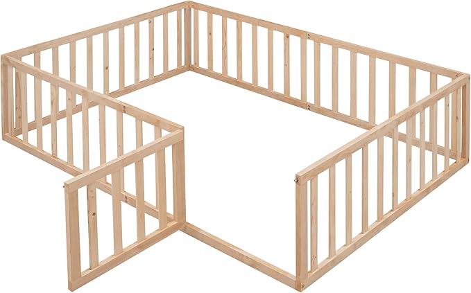 Merax Full Floor Bed with Safety Guardrails and Door, Wood Montessori Floor Bed Frame for Kids, Full Playhouse Bed Frame for Baby Girls and Boys, Natural