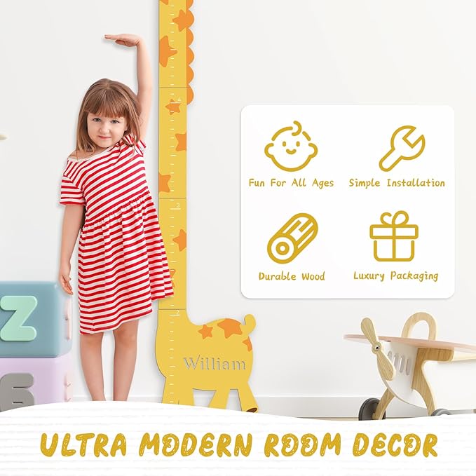 Personalized Name Growth Chart for Kids – Giraffe Height Chart for Boys and Girls, Wooden Height Chart Measuring Board 63" x 15.3"