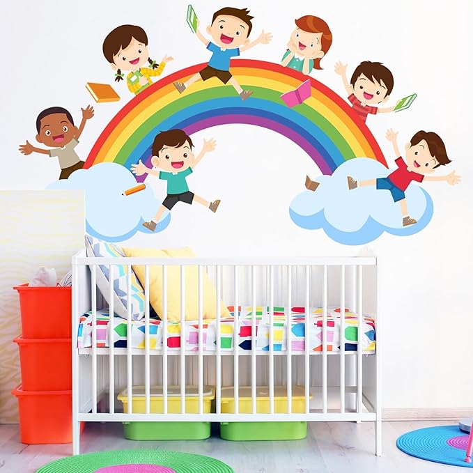 Watercolor Rainbow Wall Decals Educational Wall Stickers for Kids Room, Large Rainbow Cloud Wall Decor Students Reading Art Murals Peel and Stick Decorations for Nursery Classroom