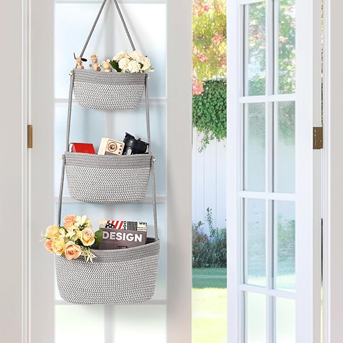 Hanging Storage Baskets, 3-Tier Over the Door Basket, Cotton Wall Baskets Storage, Detachable Hanging Door Basket with 4 Hooks, Over the Door Organizer Nursery for Bedroom, Living Room, Bathroom Wall