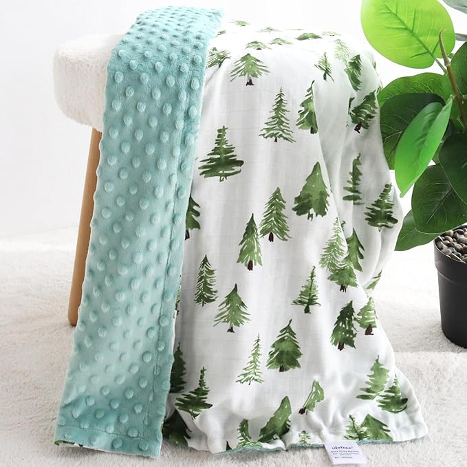 LifeTree Baby Blankets for Newborn, Soft & Lightweight Swaddle Blankets, Muslin Front and Dotted Fleece Backing Receiving Bed Throw Blanket Unisex, 31X40 Inches, Baby Girl & Boy Blanket, Pine Tree
