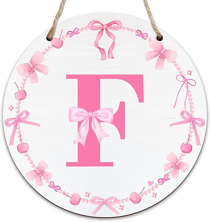 Monogram Round Sign For Front Door, Cherry Bow Theme Sign For Porch Art Wall Door, Initial Signs Hanging Ornament For Indoor Outdoor, Decorations Gifts For Four Seasons Rustic Home Kitchen, F, A06