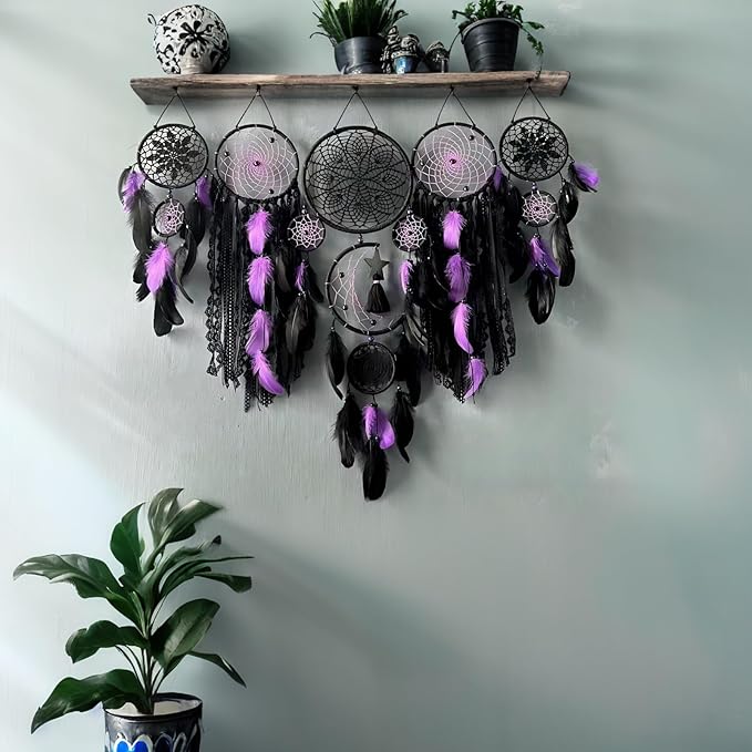 Dream Catcher Wall Decor,Large Boho Dream Catcher with Luxurious Feathers & Beads, Handmade Wall Hanging for Bedroom, Nursery, Living Room, Gift Ready for Girls & Adults (Black-Purple)