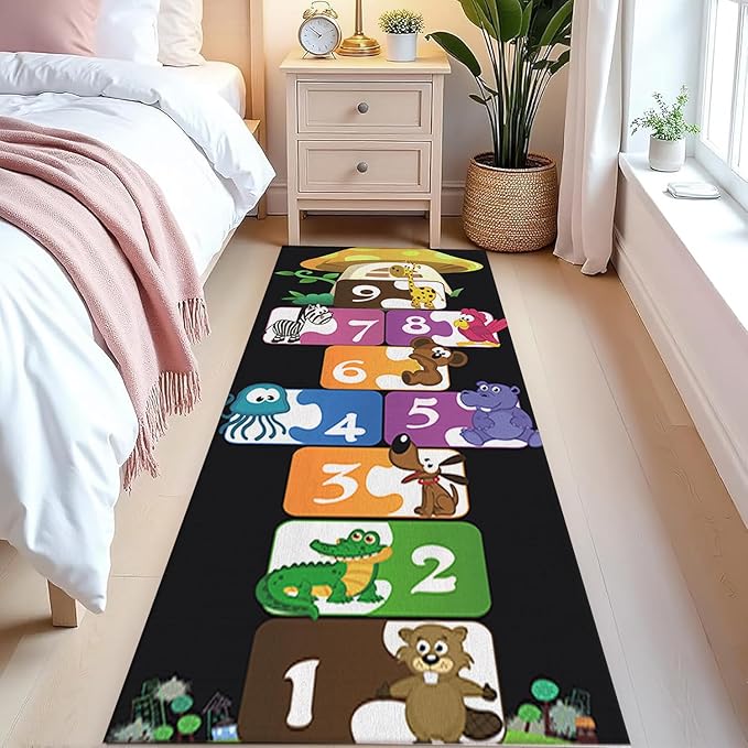 Hopscotch Rug,2x6ft ABC Carpet,Children's Play Runner Carpet,Soft,Non-Slip,Durable,for Bedrooms,Living Rooms,Daycare Centers,Nurseries,Playrooms Black