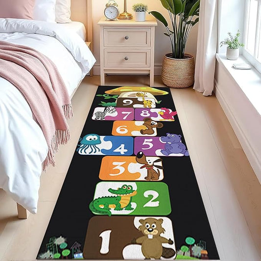 Hopscotch Rug,2.7x8ft ABC Carpet,Children's Play Runner Carpet,Soft,Non-Slip,Durable,for Bedrooms,Living Rooms,Daycare Centers,Nurseries,Playrooms Black