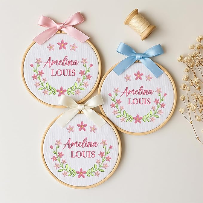 Personalized Baby Name Sign Welcome Baby Announcement Sign Newborn Baby Embroidery Hoop with Bows Baby Hospital Name Sign Custom Infant Baby Name Baby Shower Gifts (02)