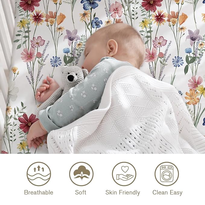 Little Grape Land Pack and Play Sheets Mini Crib Sheets Soft Breathable Pack N Play Sheets, Playard Fitted Sheet 2 Pack Stretchy Fits 38"x26" Playard Mattress, Spring Flower