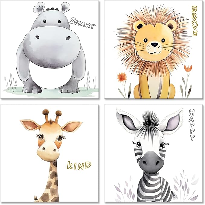 Nursery Wall Decor Motivational Quotes Canvas Print Wall Art for Kids Bedroom Safari Animal Jungle Boy's Girl's Art Frame Cute Baby Room Decor Artwork Set of 4