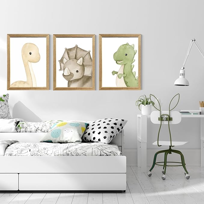 arfitest Dinosaur Wall Art Kids Boys Room Canvas Wall Decor Dino Nursery Wall Art Pictures Baby Dinosaur Poster Prints for Boys Bedroom Bathroom 12x16 Inch Framed Set of 3
