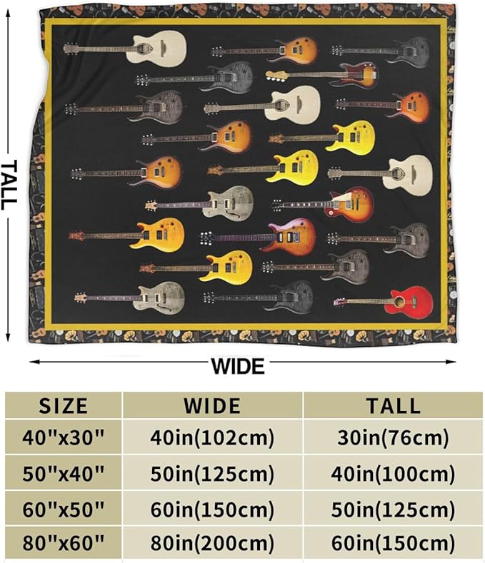 Guitar Blanket for Women Man Musical Instrument Guitar Throw Blanket Soft Cozy Warm Fuzzy Fleece Guitar Bedroom Decor Blanket Gifts for Guitar Lover Guitarist Couch Sofa Bedding 80"X60"