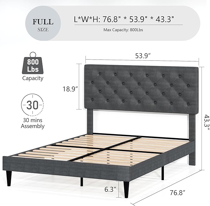 BarnFurin Full Size Bed Frame with Headboard, Upholstered Platform Bed with Adjustable Button Tufted Headboard, Fabric Bed Frame with Wooden Slats Support, No Box Spring Required, Light Grey