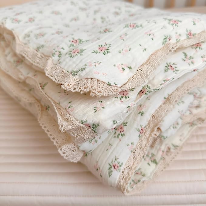 BuLuTu 2-Layer Muslin Cotton Kids Quilt for Twin Bed, Soft Gauze Blanket Lace Edged, Girls Boys Toddler Comforter, Breathable Lightweight, Pomegranate Pattern, 60"x78", Machine Washable