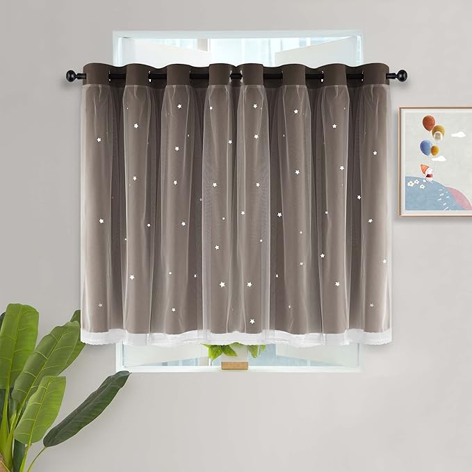 Kinryb Kids Blackout Curtains for Bedroom/Living Room/Classroom, Sheer Overlay Small 2 Panel Set, Double Layer Curtains with Star Cutout for Kids Room(W 52 x L 36 Inches,Chocolate 2 Pcs)