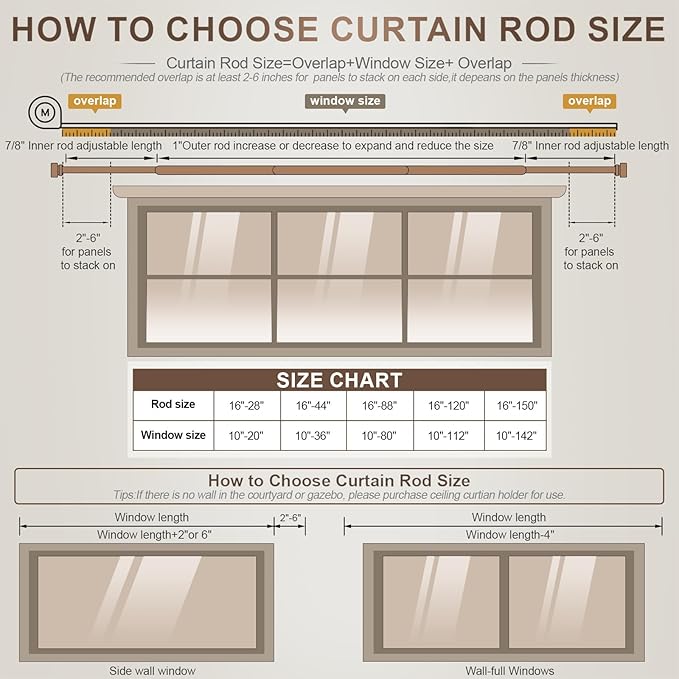 Modern Brown Curtain Rods for Windows 66 to 120 Inches Adjustable Length Heavy Duty 1" Diameter Window Curtain Rod with Decorative Finials for Outdoor Farmhouse Bedroom Kitchen Living Room