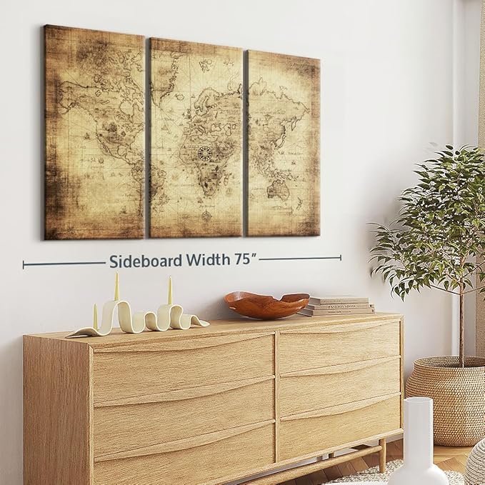 ElephantStock Ancient World Map Wall Art Multi Piece Canvas - 3 Piece Canvas World Map Wall Decor - Wall Decor - Ready-to-Hang Print - Vintage Wall Art - 65" X 42"