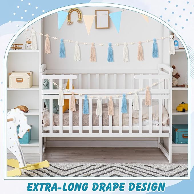 2 Pcs Tassel Garland with Wood Beads, Handmade Cotton Yarn Wall Hanging Banner Boho Tassel Wall Hanging Party Decor for Nursery, Birthday Baby Shower Home Classroom Decoration(Brown Series)