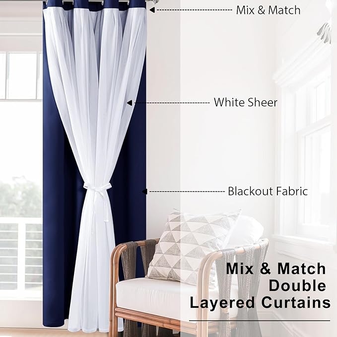 Hiasan Blackout Curtains with Sheer Overlay, Thermal Insulated Privacy Mix and Match Double Layer Window Curtains for Bedroom, Living Room, 2 Drape Panels Sewn with Tiebacks, Navy Blue, 52W X 54L