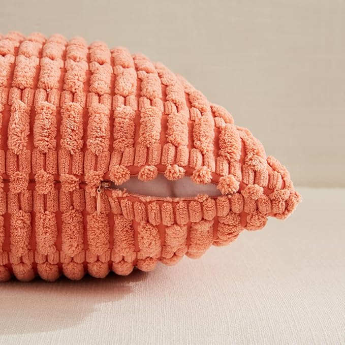 Fancy Homi 24x24 Pillow Covers, Pack of 2 Coral Throw Pillow Covers with Stripe Pattern, Super Soft Corduroy Square Solid Cushion Cover for Couch Sofa Bedroom Living Room 60x60 cm